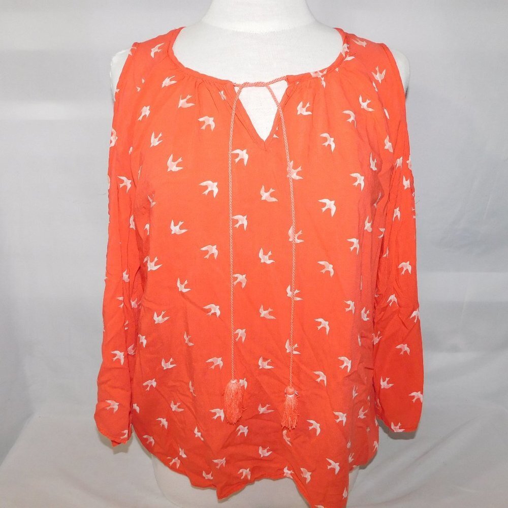 Nanette Lepore Orange Coral Cutout Shoulder Peasant Blouse Top Birds Womens M